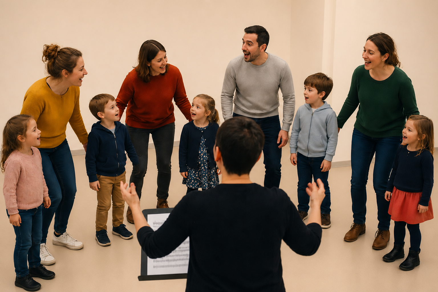 Anaël dirige un cercle de parents et enfants en train de chanter