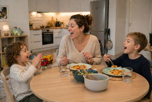 Maman et deux enfants en train de chanter et rire à table