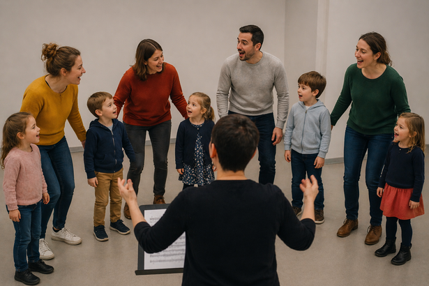 Anaël dirige un cercle de parents et enfants en train de chanter