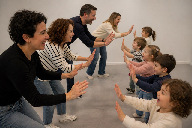 Adultes et enfants face à face, mains levées en miroir pendant un exercice rythmique