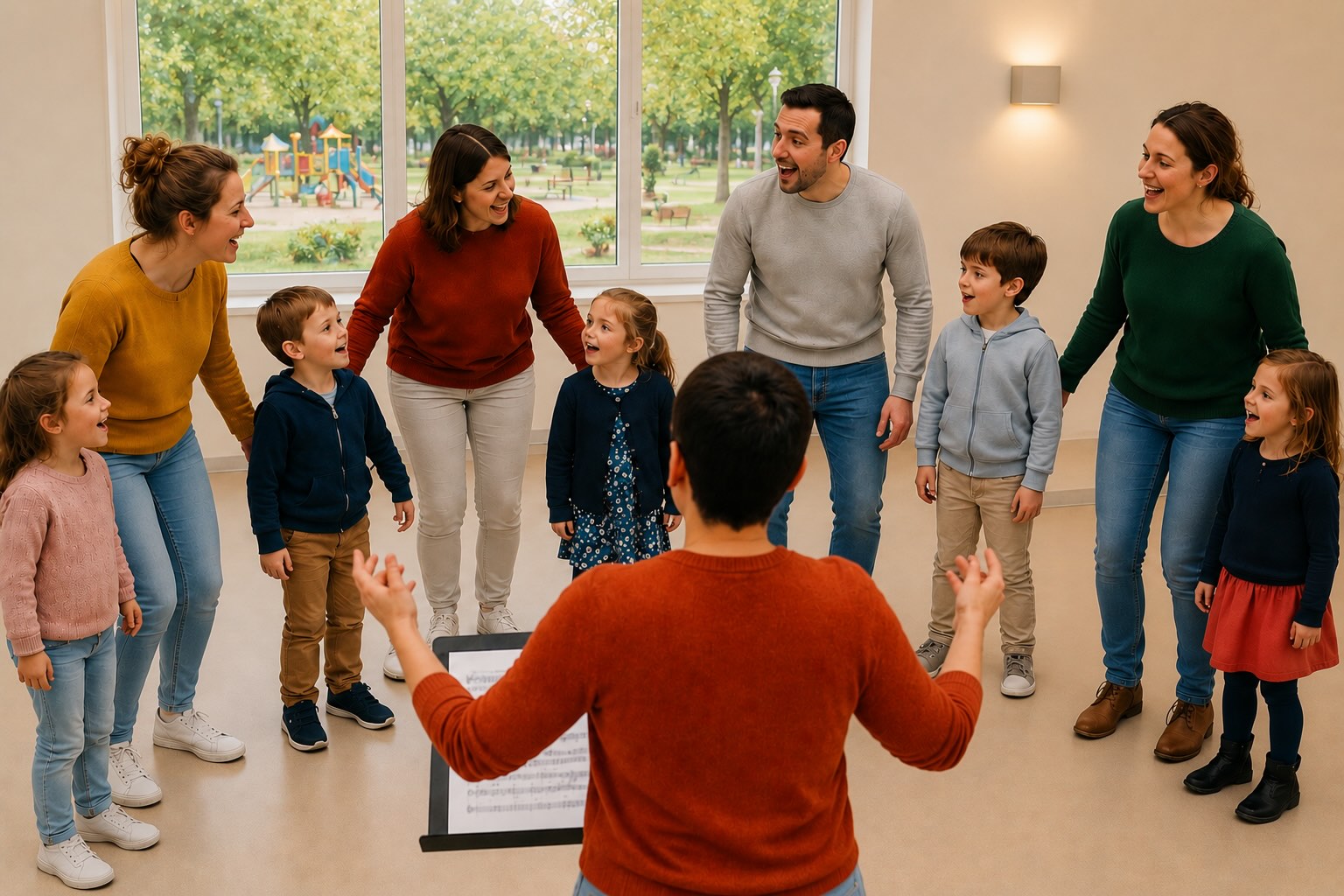 Chorale famille à Pontoise : Anaël Ben Soussan dirige un cercle de parents et d'enfants en train de chanter