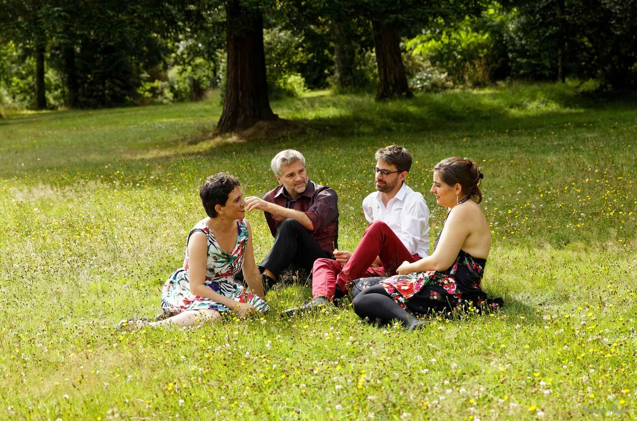 Les quatre chanteurs du Quatuor Vadriel réunis en cercle